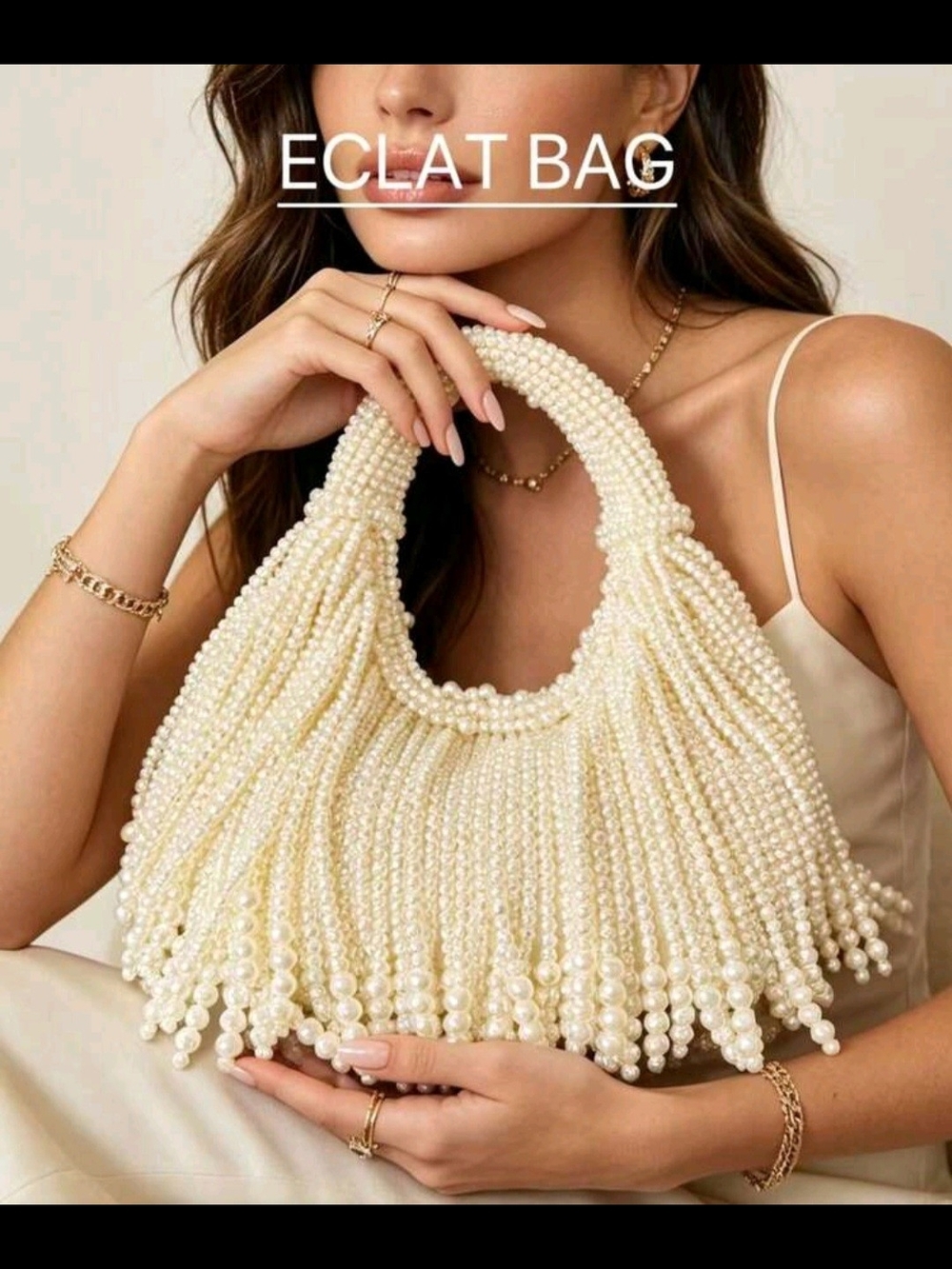 Eclat Pearl Fringe Shoulder Bag in Ivory